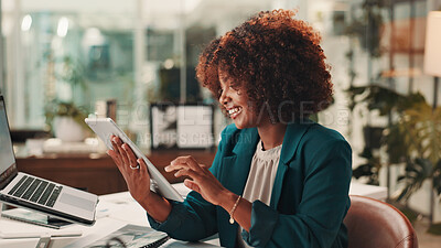 Buy stock photo Tablet, smile and black woman in office with research, communication or creative report for KPI. Digital technology, reading and African female brand manager monitoring online campaign in workplace.