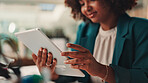 Tablet, hands and black woman in office with research, communication or creative report for KPI. Digital technology, reading and African female brand manager monitoring online campaign in workplace.