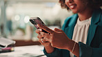Hands, phone and woman in office with contact, communication or social networking with chatting. Technology, connectivity and female journalist with internet search on cellphone in workplace.