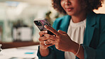 Hands, cellphone and woman in office with contact, communication or social networking with chatting. Technology, connectivity and female journalist with internet search or texting with phone.