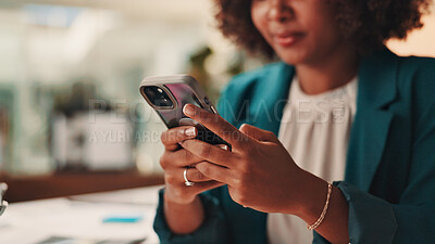 Buy stock photo Hands, cellphone and woman in office with contact, communication or social networking with chatting. Technology, connectivity and female journalist with internet search or texting with phone.