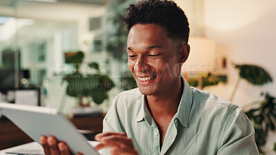 Buy stock photo Business, tablet and man in office, smile and connection with ad agency, network and communication. Internet, employee or sales consultant in workplace, tech or stats for profit growth or digital app