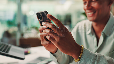 Buy stock photo Hands, phone and man in office with contact, communication or social networking with chatting. Technology, connectivity and male journalist with internet search or texting on cellphone in workplace.