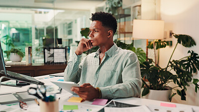 Buy stock photo Creative, laptop or man on tablet for thinking of social media campaign, trends or business ads. Technology, night or content strategist in startup for online review, ideas or brand design research