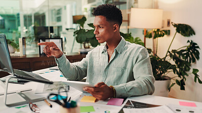 Buy stock photo Creative, laptop or man on tablet for reading social media campaign, trends or business ads. Technology, night or content strategist in startup for online review, analysis or branding design research