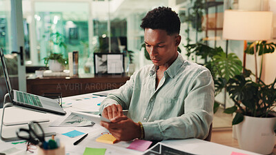 Buy stock photo Creative, startup or man on tablet for social media campaign, trends and business ads. Technology, night or content strategist in agency for online review, performance or branding design research