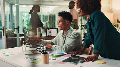 Buy stock photo Teamwork, conversation and business people in office, laptop and mentor with help, ad agency and assistance. Coaching, system training and employees with sales consultant, questions and feedback