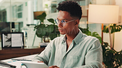 Buy stock photo Creative, night or man on tablet in startup for social media campaign, trends and business ads. App, laptop or content strategist in agency for online review, performance or branding design research