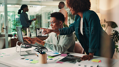 Buy stock photo Teamwork, help and business people in office, laptop and mentor with advice, ad agency and assistance. Coaching, system training or employees in workplace, sales consultant or questions with feedback