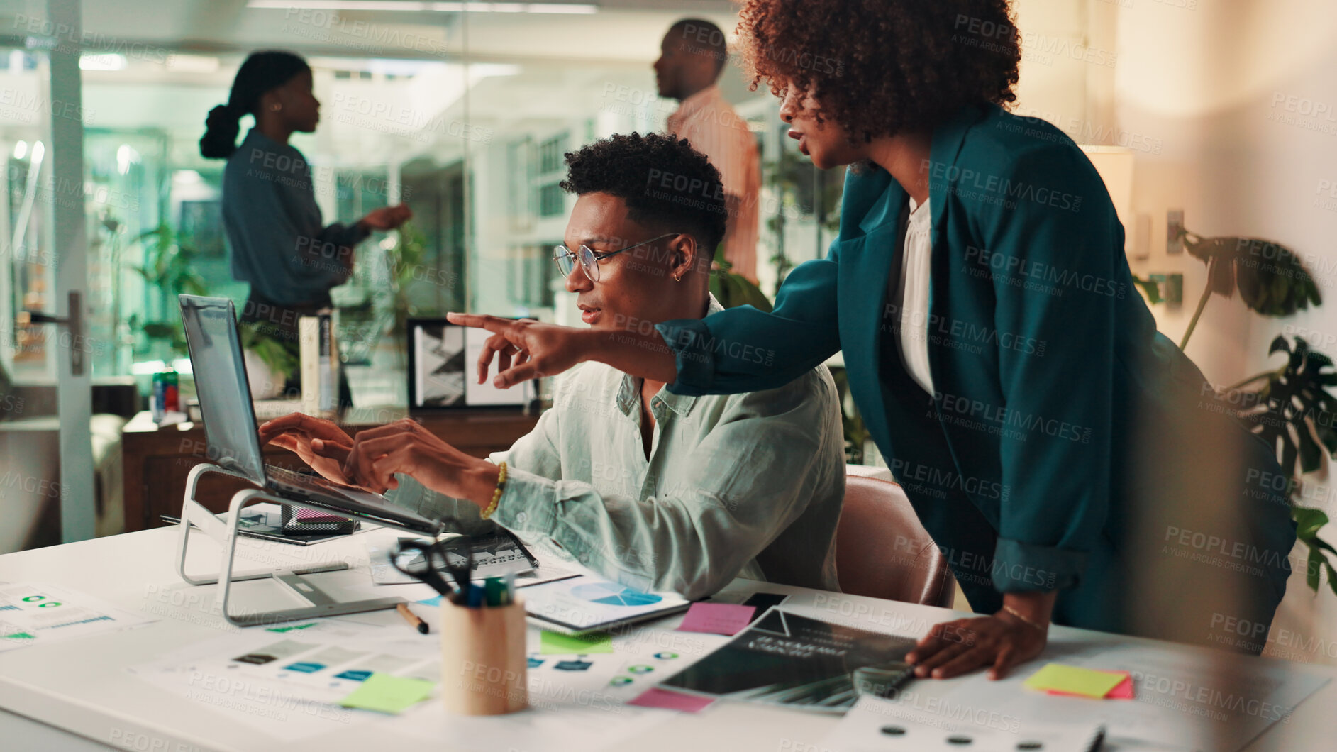 Buy stock photo Teamwork, help and business people in office, laptop and mentor with advice, ad agency and assistance. Coaching, system training or employees in workplace, sales consultant or questions with feedback