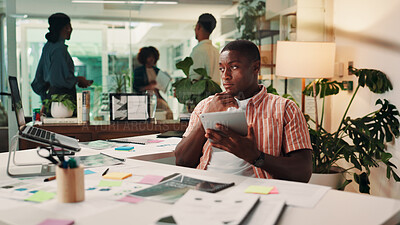 Buy stock photo Businessman, web designer and thinking with laptop for project design, idea or improvement at office desk. Man, creative employee or developer with technology, tablet or documents for schedule tasks