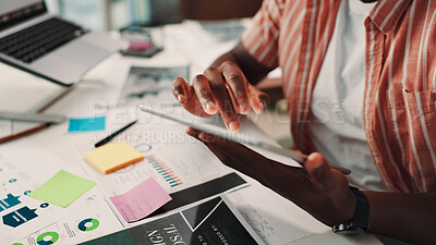 Buy stock photo Business person, hands and designer with tablet for schedule planning, agenda or web design at office. Closeup, employee or research with technology for UI, UX or creative development at workplace