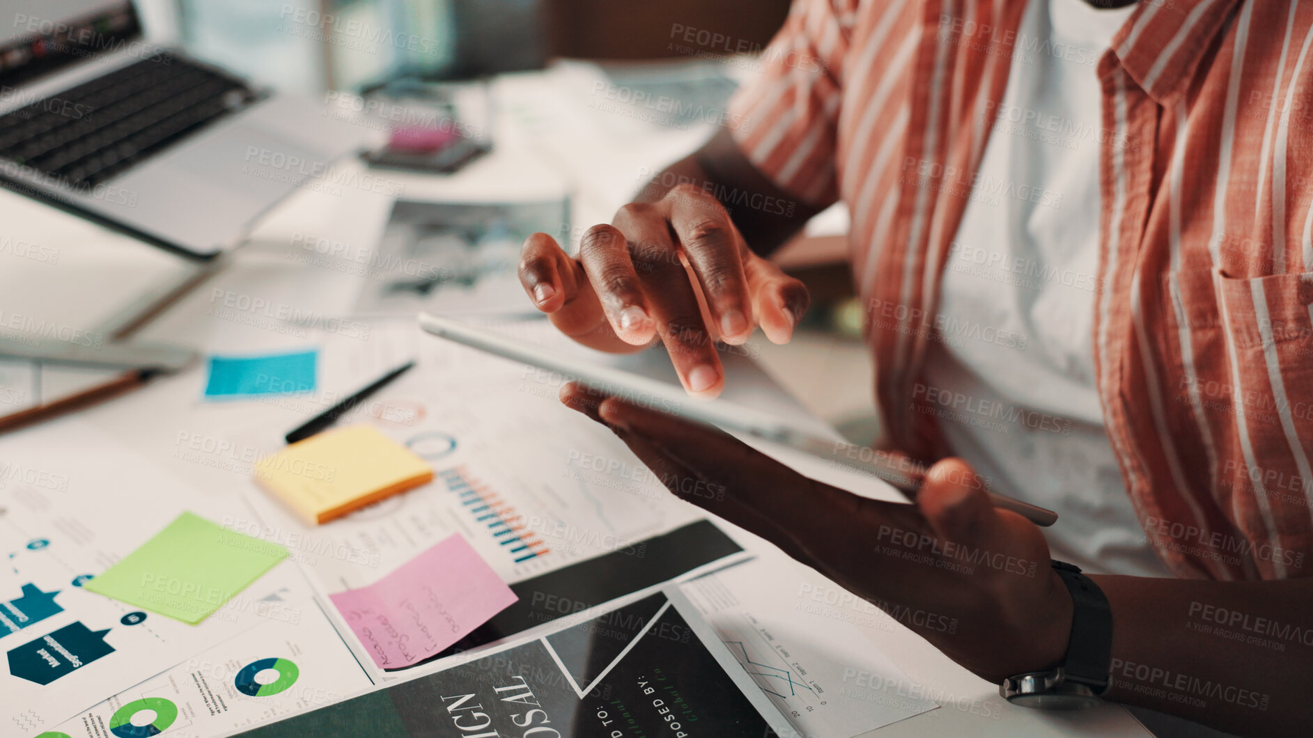 Buy stock photo Business person, hands and designer with tablet for schedule planning, agenda or web design at office. Closeup, employee or research with technology for UI, UX or creative development at workplace