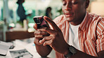 Hands, cellphone and man in office with networking, communication or social contact with chatting. Technology, connectivity and male journalist with internet search or texting with phone in workplace