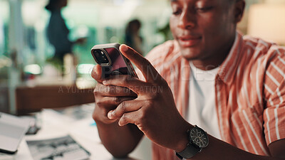 Buy stock photo Hands, cellphone and man in office with networking, communication or social contact with chatting. Technology, connectivity and male journalist with internet search or texting with phone in workplace
