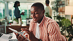 Business, tablet and man in workplace, smile and connection with ad agency, internet and communication. Person, employee and sales consultant with tech, online reading and stats for profit growth