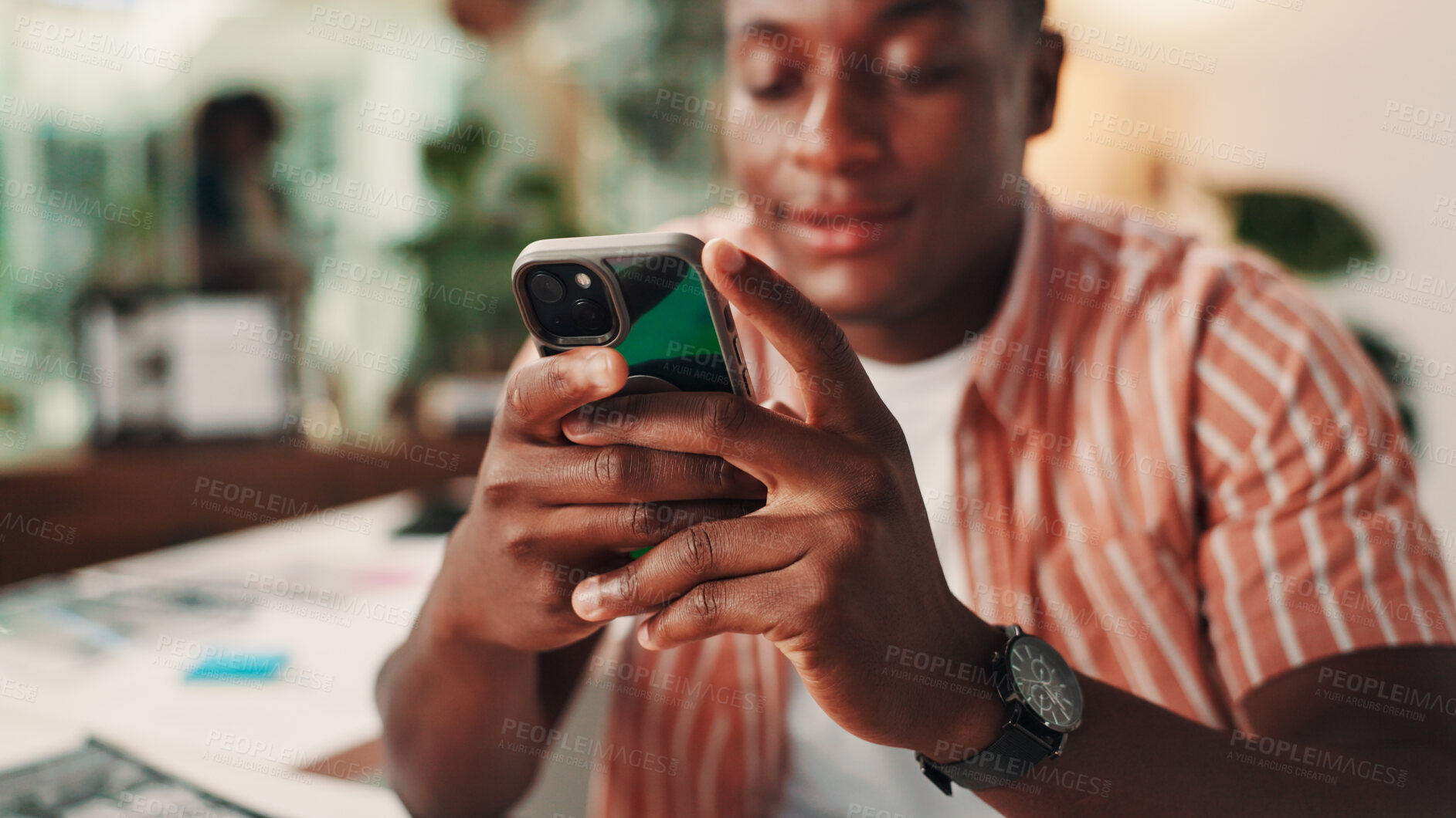Buy stock photo Hands, cellphone and black man in office with contact, communication or social networking with chatting. Technology, connectivity and African journalist with internet search or texting with phone.