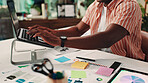 Business, hands and man in office, laptop and typing with research for sales growth. Closeup, person and employee in workplace, ad agency or pc with internet, review for project or email for feedback
