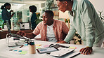 Creative, teamwork or men on laptop in startup for social media campaign, trends or ads design. People, charts research or content strategist talking to brand specialist in agency for online review