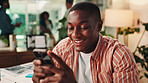 Happy, phone and black man in office with contact, communication or social networking with chatting. Smile, connectivity and African male journalist with internet search or texting on cellphone.