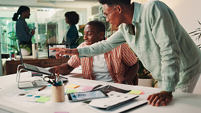 Buy stock photo Business people, pointing or laptop with coach for design strategy, ideas or software update at office. Businessmen, employees or collaboration with computer or documents for research and development