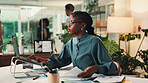 Business woman, laptop and documents with design for creative development or project planning at office. Female person, employee or web designer with paperwork on computer for schedule tasks or ideas