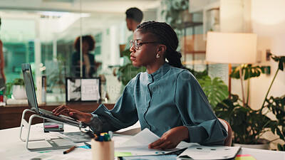 Buy stock photo Business woman, laptop and documents with design for creative development or project planning at office. Female person, employee or web designer with paperwork on computer for schedule tasks or ideas
