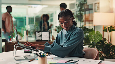 Buy stock photo Typing, employee and woman with laptop, office and media strategist with info, online and digital marketing. Business, productivity and research for target audience, planning and person with tech