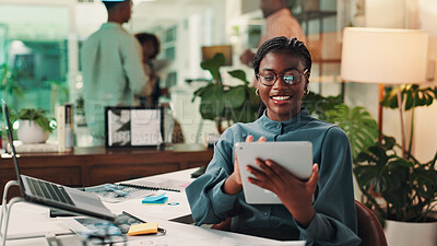 Buy stock photo Business, tablet and woman in workplace, smile and connection with ad agency, network and social media. Person, employee and sales consultant with tech, funny meme and stats for profit growth and app