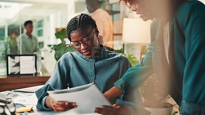 Buy stock photo Teamwork, business people and women in office, documents and feedback for sales report. Employees, conversation and manager in workplace, advice and review for proposal, questions and cooperation