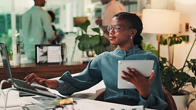 Buy stock photo Happy, tablet and woman with laptop, office and media strategist with info, typing and digital marketing. Online, smile and research for target audience, planning and person with tech in business