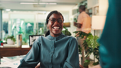 Buy stock photo Smile, business and woman laugh in office with good news, feedback and funny for financial proposal. Happy, person and documents for accounting, profit announcement and investment report for teamwork