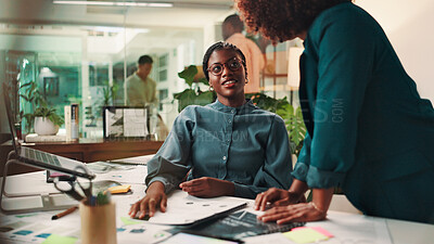 Buy stock photo Creative, teamwork and women with discussion in office for project ideas, design briefing and branding strategy. Graphic designer, people and business documents for campaign planning or collaboration