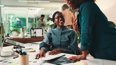Buy stock photo Creative, teamwork and women with planning in office for campaign ideas, business meeting and design strategy. Graphic designer, people and happy with documents for research feedback or collaboration