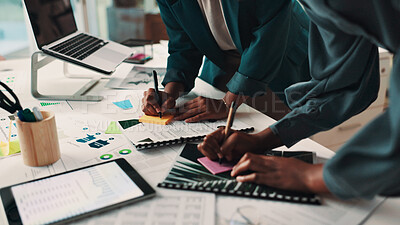 Buy stock photo People, hands or writing with documents on sticky note for planning or brainstorming at office. Team, employees or group of designers with paperwork together for schedule agenda or ideas at workplace