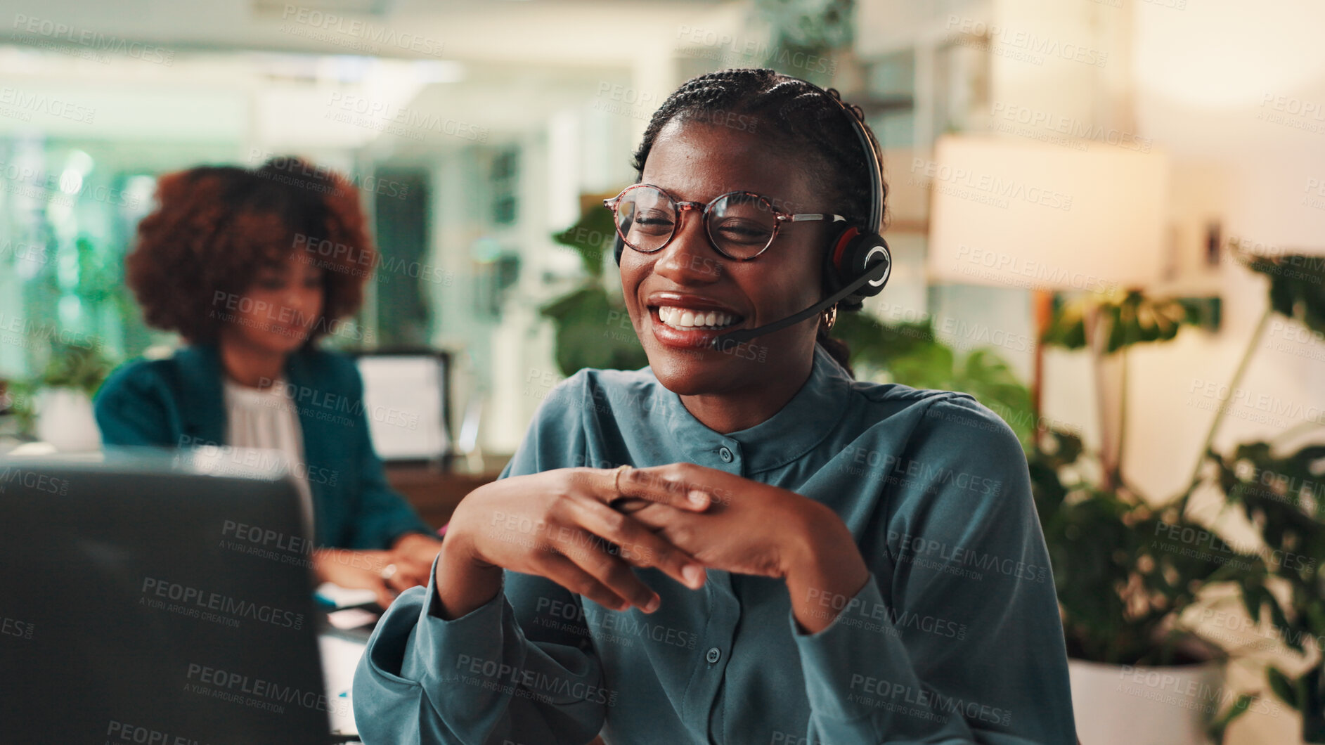Buy stock photo Call center, laptop and smile with black woman in office for assistance, consulting or help. Contact us, customer service and support with happy virtual assistant at work for crm or sales feedback
