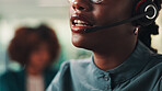 Call center, headset and mouth of woman in office for assistance, consulting or help. Contact us, customer service and support with virtual assistant closeup in workplace for crm or sales feedback