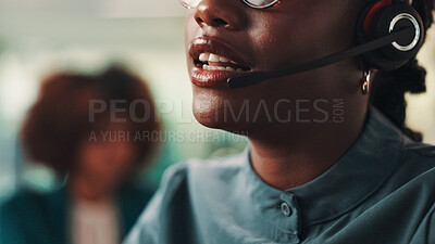 Buy stock photo Call center, headset and mouth of woman in office for assistance, consulting or help. Contact us, customer service and support with virtual assistant closeup in workplace for crm or sales feedback
