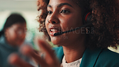 Buy stock photo Call center, headset and problem solving with black woman in office for assistance, consulting or help. Contact us, customer service and support with virtual assistant at work for sales feedback