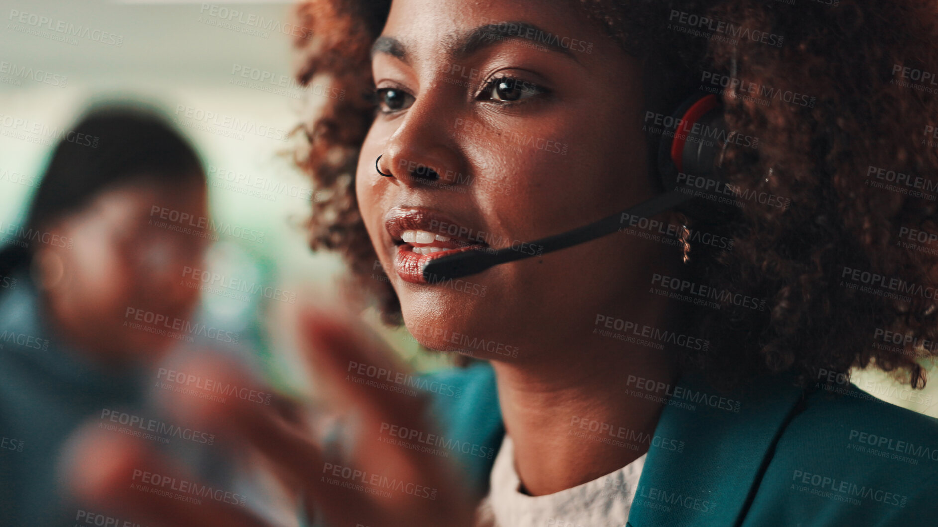 Buy stock photo Call center, headset and problem solving with black woman in office for assistance, consulting or help. Contact us, customer service and support with virtual assistant at work for sales feedback
