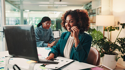 Buy stock photo Call center, laptop and support with black woman in office for assistance, consulting or help. Computer, contact us and customer service with virtual assistant in workplace for crm or sales feedback