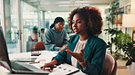 Call center, laptop and problem solving with woman in office for assistance, consulting or help. Contact us, customer service and support with virtual assistant in workplace for crm or sales feedback