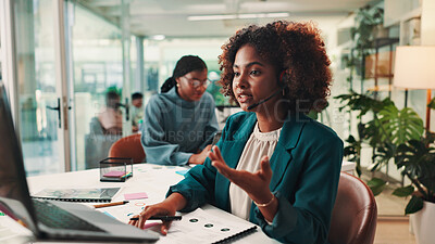 Buy stock photo Call center, laptop and problem solving with woman in office for assistance, consulting or help. Contact us, customer service and support with virtual assistant in workplace for crm or sales feedback