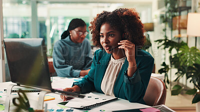 Buy stock photo Call center, laptop and problem solving with black woman in office for assistance, consulting or help. Contact us, customer service and support with employee in workplace for crm or sales feedback