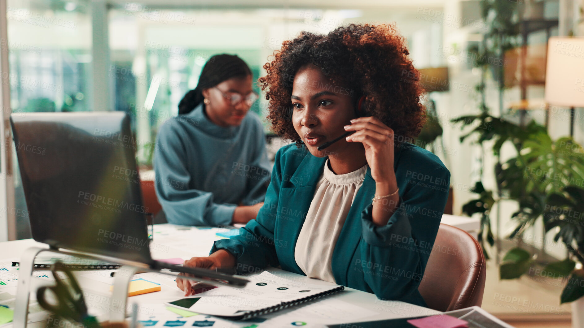 Buy stock photo Call center, laptop and problem solving with black woman in office for assistance, consulting or help. Contact us, customer service and support with employee in workplace for crm or sales feedback