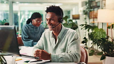 Buy stock photo Laptop, smile and support with man in call center for assistance, consulting or help. Communication, contact us and customer service with happy virtual assistant in office for crm or sales feedback