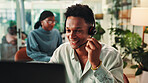 Call center, laptop and problem solving with man in office for assistance, consulting or help. Contact us, customer service and support with happy employee in workplace for crm or sales feedback