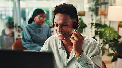 Buy stock photo Call center, laptop and problem solving with man in office for assistance, consulting or help. Contact us, customer service and support with happy employee in workplace for crm or sales feedback