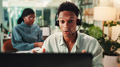 Buy stock photo Call center, laptop and surprise with man in office for assistance, consulting or help. Contact us, customer service and support with virtual assistant in workplace for alert or notification