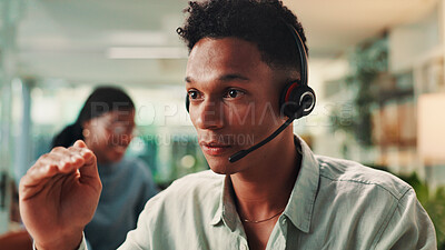 Buy stock photo Call center, explain and headset with man in office for assistance, consulting or help. Contact us, customer service and problem solving with hand gesture of virtual assistant at work for crm support